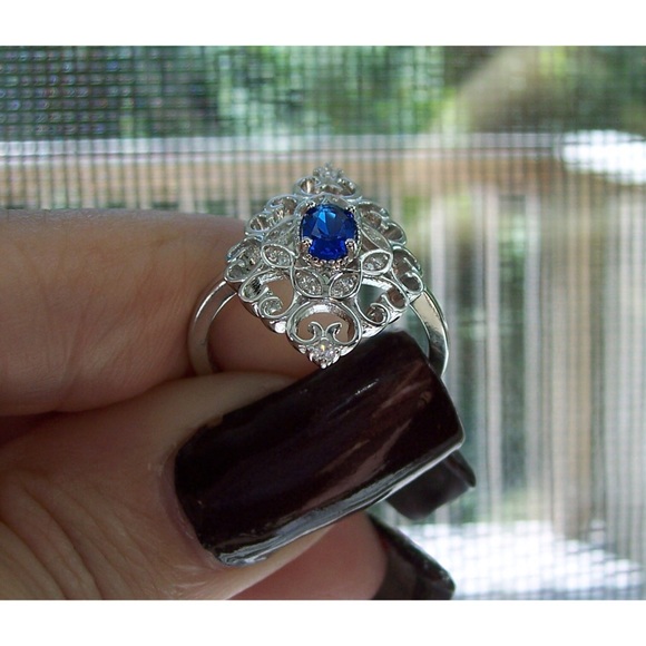 925 STERLING SILVER Simulated Blue Sapphire Cubic Zirconia Filigree Ring - Picture 7 of 16